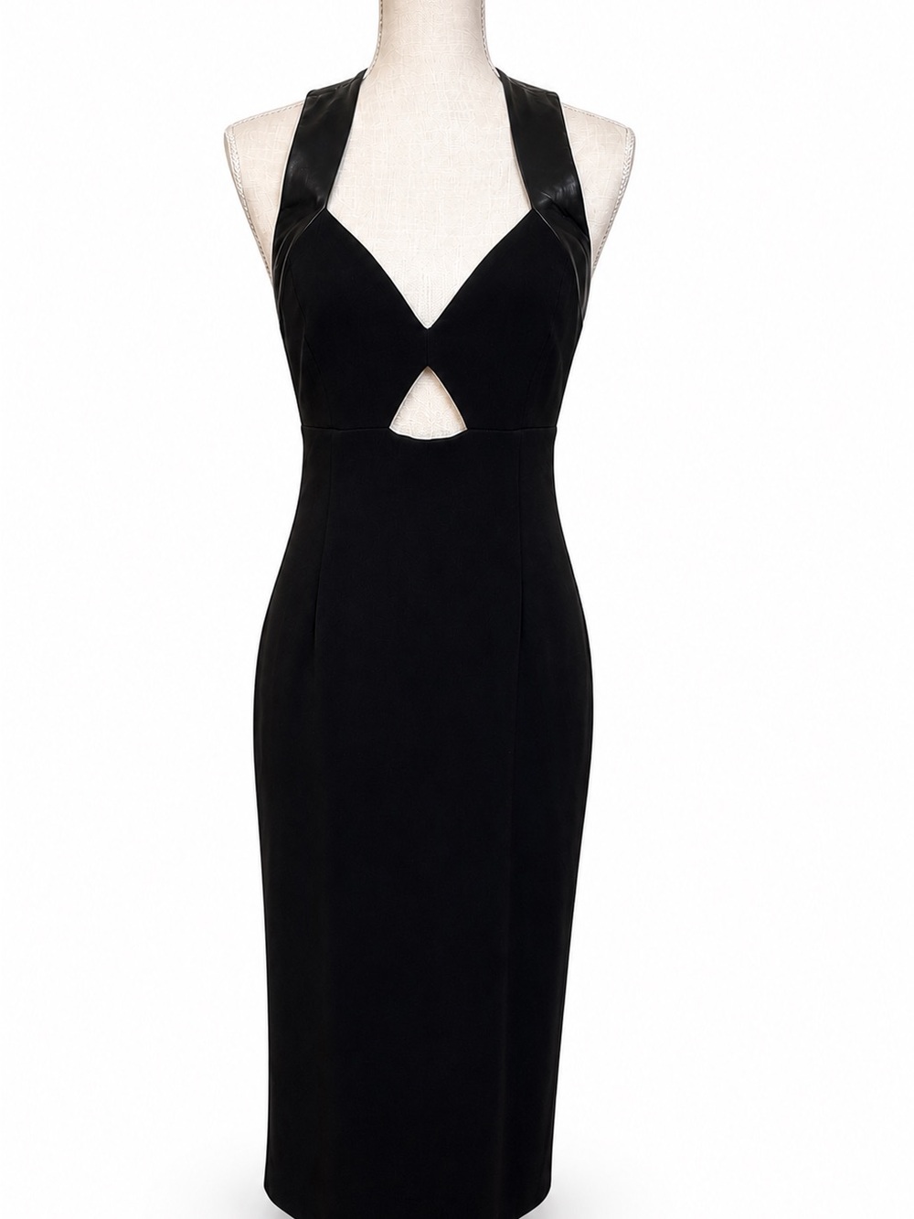 Alice + Olivia Black Leather Trim Halter Midi Dress Size 8
